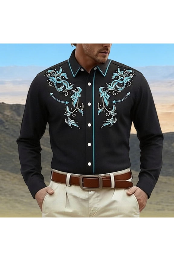 Mens Western Shirts Long Sleeve Button Down Shirts Cowboy Slim Fit Spring Fall Tops Black S