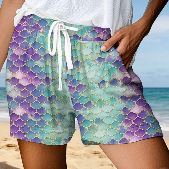 BUWTTER Pants for Women Beach Scale Printed Board Shorts Swim Trunks Drawstring Elastic Wasit Summer Casaul Vacation Womens Slacks Light Green L