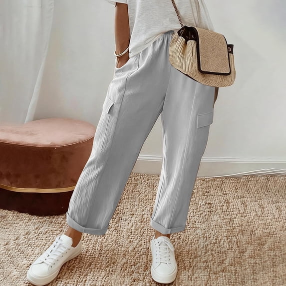 BUWTTER Pants for Women Casual Loose Fit Elastic Waist Pocket Pure Color Summer Trousers Comfortable Daily Wear Women Slacks GY1 L