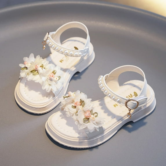 BUWTTER Sandals for Girls Children Shoes Soft Sole Open Toe Fashion Pearl Flower Princess Floral Non Adjustable Strap Beige Sandals Size 4-4.5 Y