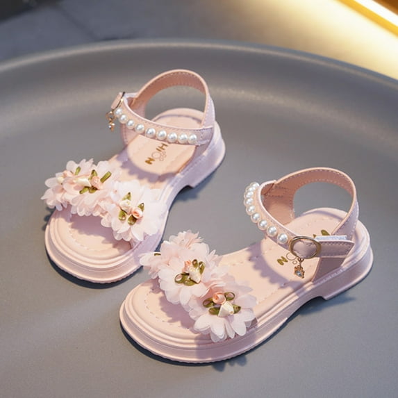 BUWTTER Sandals for Girls Children Shoes Soft Sole Open Toe Fashion Pearl Flower Princess Floral Non Adjustable Strap Pink Sandals Size 5-5.5 Y