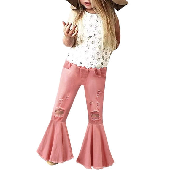 BUWTTER School Pants for Girls Denim Bell Bottom Trousers Ruffles Flare Ripped Jeans Kids Slim Fit Ripped Casual Pink Pants Size 4-5 Y