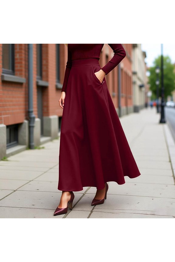 Skirts for Women Elegant Maxi Solid Color High Waist Flowy Long with Pockets Casual Plus Size Business Work Wine Skirt S