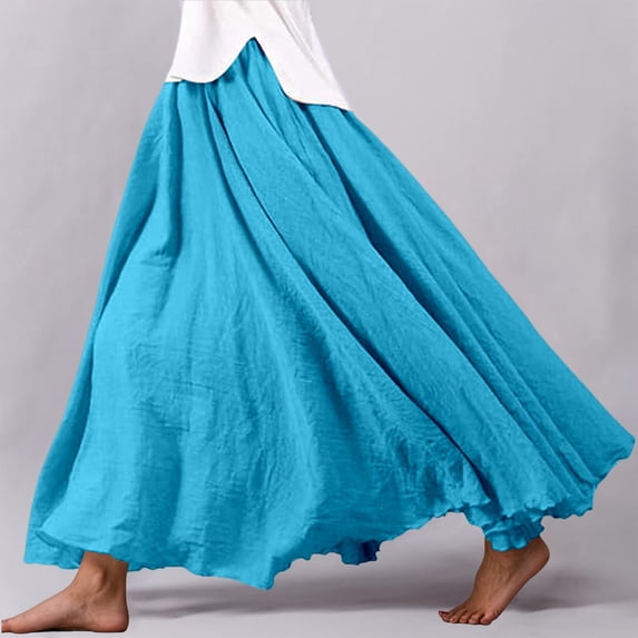 BUWTTER Skirts for Women Flowy Maxi Daily Wear A Line Ruffle Comfortable Elastic Waist Loose Long Blue Skirt 85CM