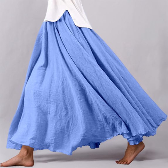 BUWTTER Skirts for Women Flowy Maxi Daily Wear A Line Ruffle Comfortable Elastic Waist Loose Long Blue Skirt 85CM