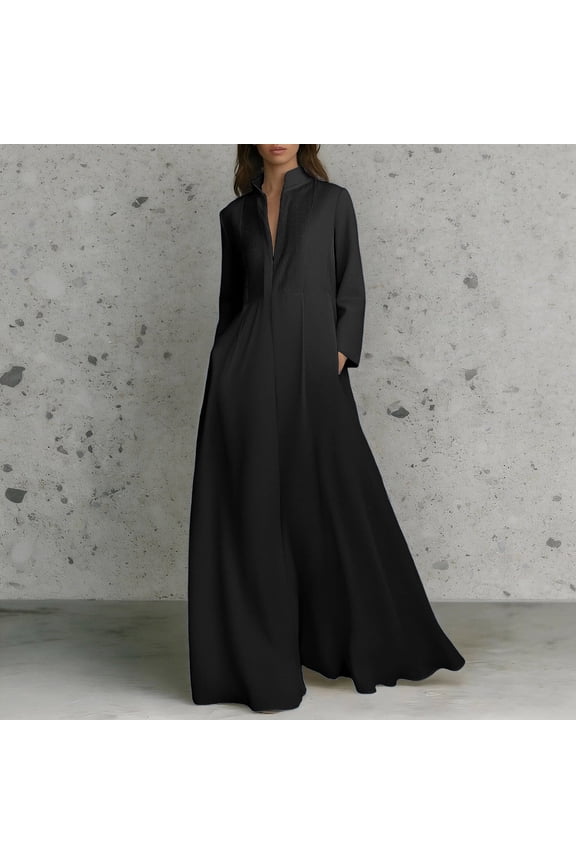 Spring Dresses for Women 2026 Elegant Waist Defining Long Sleeve Midi with Pleated Detail Casual Fall Wear Flowy For Black Dress L