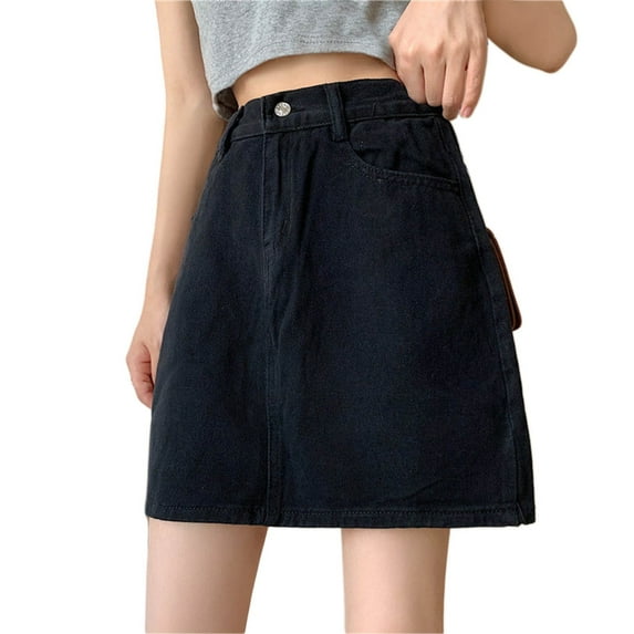 BUWTTER Women's Skirts Casual Solid Color Midi High Waist Denim Solid Color Spring Summer Fall Outfit Black Skirt L