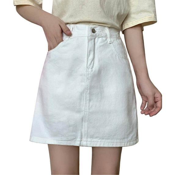 BUWTTER Women's Skirts Casual Solid Color Midi High Waist Denim Solid Color Spring Summer Fall Outfit White Skirt XL