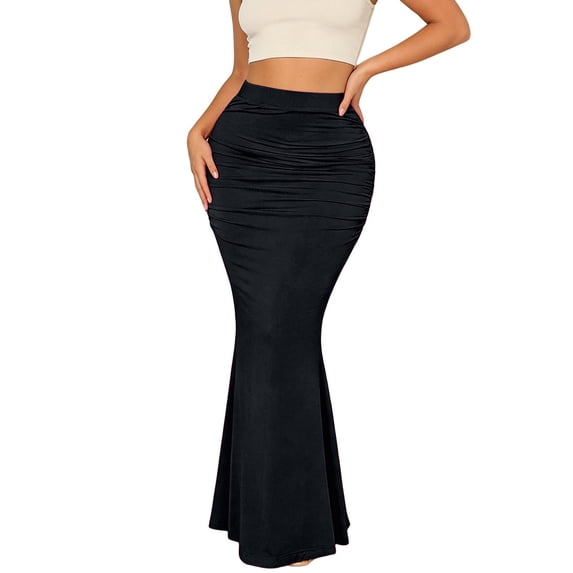BUWTTER Women's Skirts High Waist Stretch Knit Pleated Elegant Bodycon Party Pure Color Black Skirt L