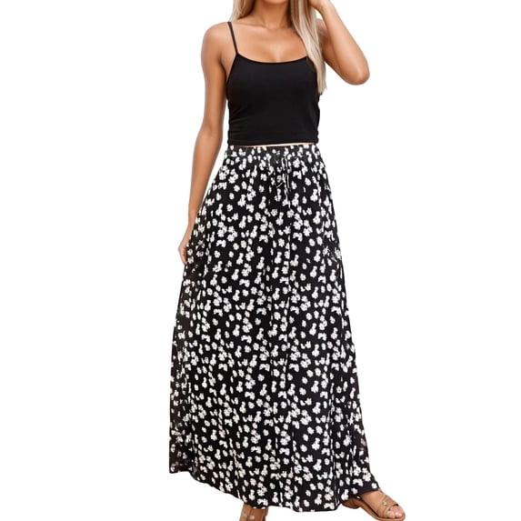 BUWTTER Women's Skirts Leopard Print Casual A Line Maxi Pull-On Elastic Waist Vacation Ruffle Soft Boho Flowy Outfit Black Skirt L