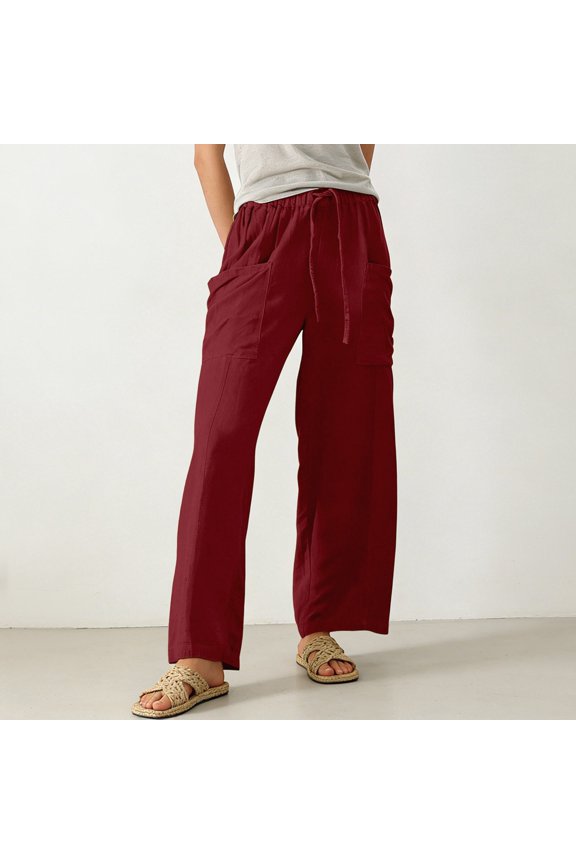Womens Casual Pants Casual Elastic Waist Drawstring Wide Leg Comfortable Relaxed Fit with Large Pockets Women Slacks Wine M