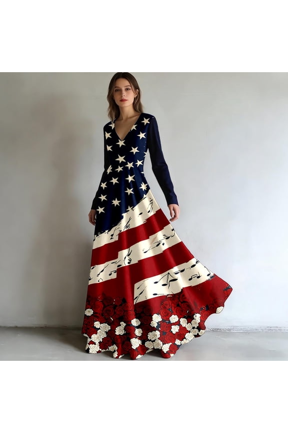 Womens Dresses Long Sleeve V Neck A Line Skirt Casual Flag Print Beach Loose Maxi Flowy 250Th Anniversary Usa Red Dress XXL