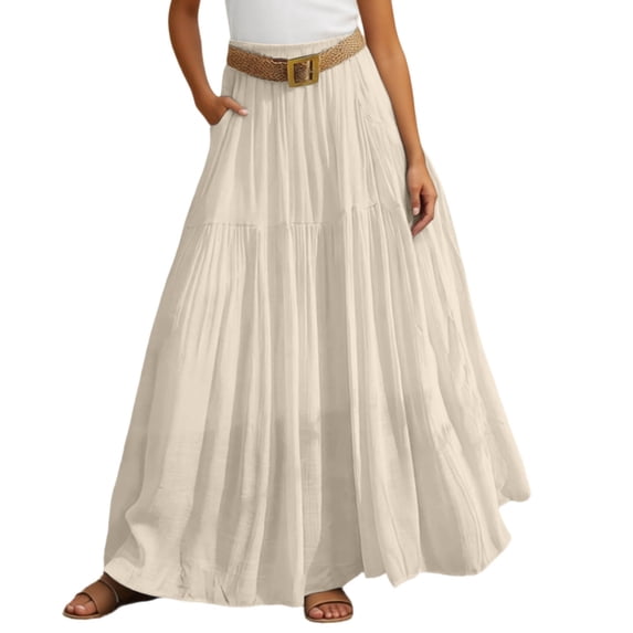 BUWTTER Womens Skirts Solid Color High Waist Flowy Maxi Elastic Waistband with Belt Casual Boho A Line Long Beige Skirt L