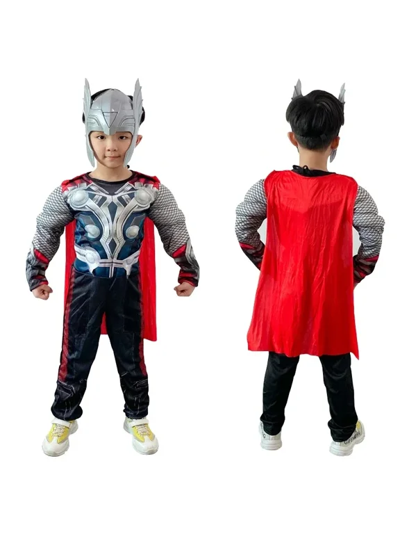 3PCS Kid Super Hero Muscle Suit with Helmet Red Cape Costume Halloween Party Cosplay Prop