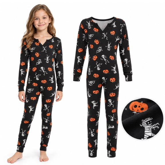 BUXULYP Halloween Pumpkin Skeleton Print Onesie Pajamas Kids Long Sleeve One-Piece Jumpsuit for Party Cosplay Costume
