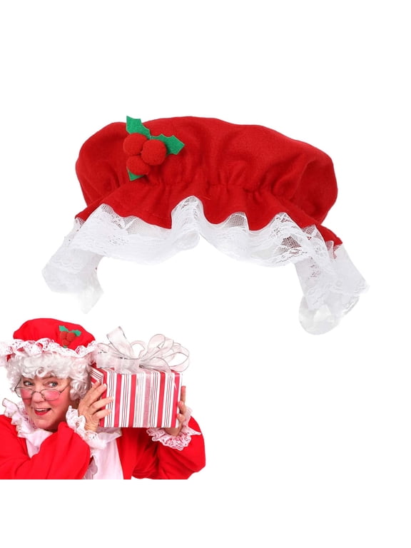 Mrs Claus Hat Christmas Women Old Lady Santa Claus Red Berry Bonnet Mob Cap with Lace Trim Xmas Party Cosplay Props