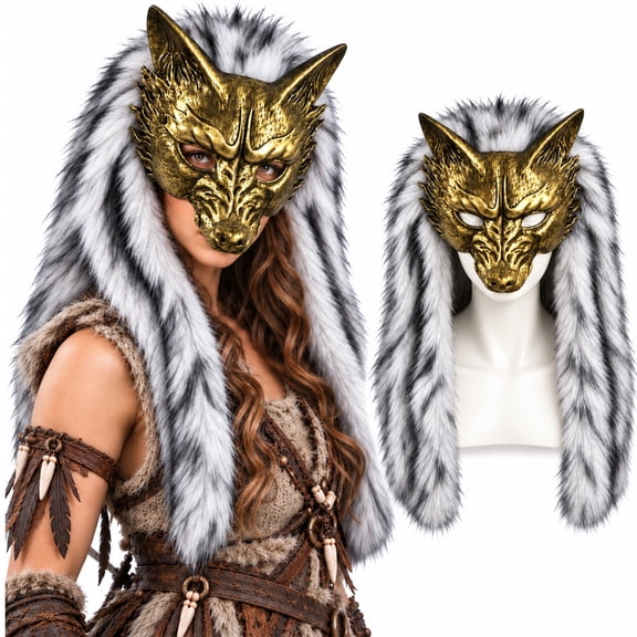 BUXULYP Viking Faux Fur Wolf Mask Werewolf Cosplay Animal PU Foam Mask Barbarian Headress Savage Halloween Costume Props