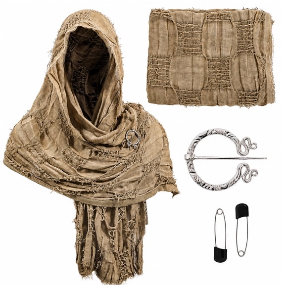 BUXULYP Wrap Dune Hooded Shawl Medieval Cloak Renaissance Costume Cape Shaman Cowl With Viking Brooch