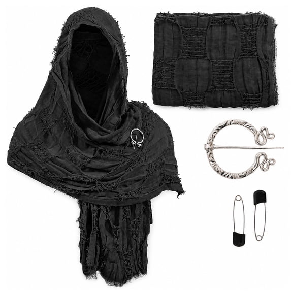 BUXULYP Wrap Dune Hooded Shawl Medieval Cloak Renaissance Costume Cape Shaman Cowl With Viking Brooch