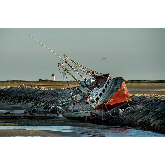 BUY ART FOR LESS Officially Licensed Grounded Boat After Storm Cape Cod Photography by Wayne Collamore 18 x 24 Inch Art Poster - Print On Demand