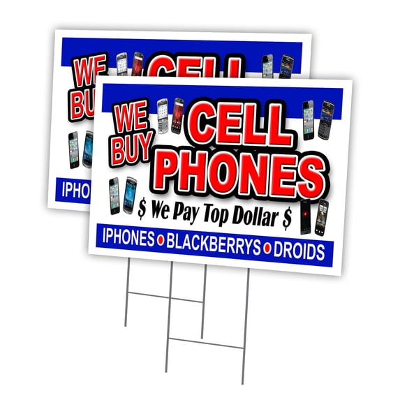 WE BUY CELL PHONES 2 Pack Of 18" x 24" Yard Sign & Stake outdoor plastic window | Advertise Your Business | Stake Included Image On Front Only | Made in The USA