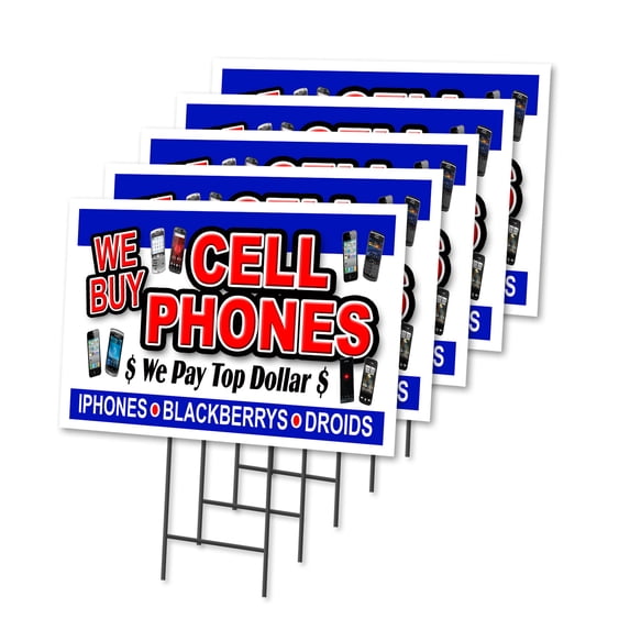 WE BUY CELL PHONES 5 Pack Of 12" x 16" Yard Sign & Stake outdoor plastic window | Advertise Your Business | Stake Included Image On Both Sides | Made in The USA