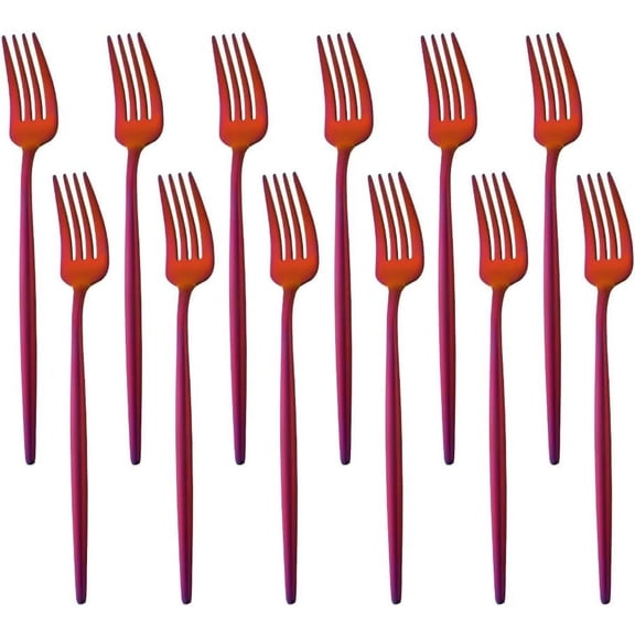 BUY&USE 12 PCS Modern Stainless Steel Dinnerware Flatware Set, Reusable Popular Dinner Fork, Widely Use on Home, Restaurant, Party, 8.6 Inch, Rainbow Red