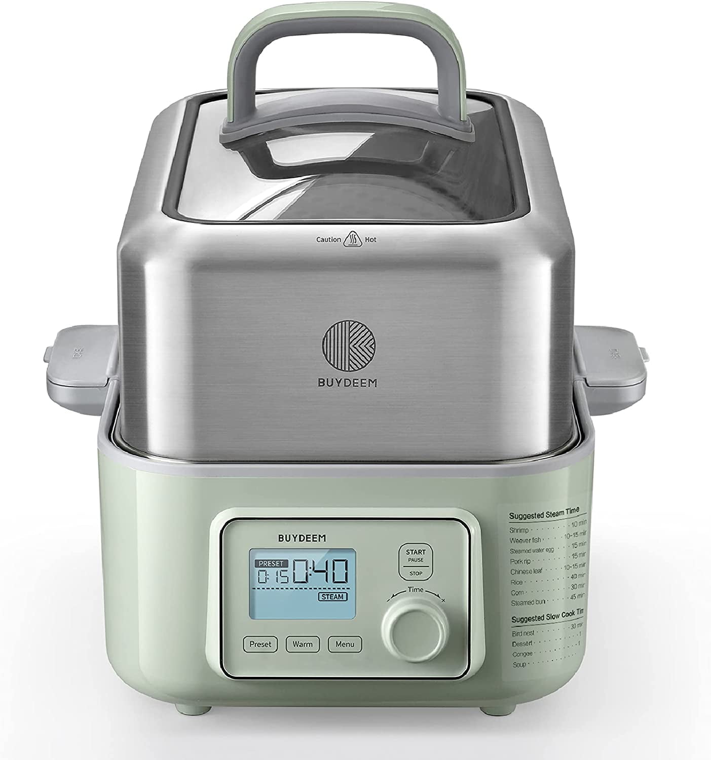 BUYDEEM G563-A501 Electric Food Steamer for Cooking, 2 Tire Stainless Steel  Steamer with Slow Cook Mode, 1500W, 10-Quart, Green