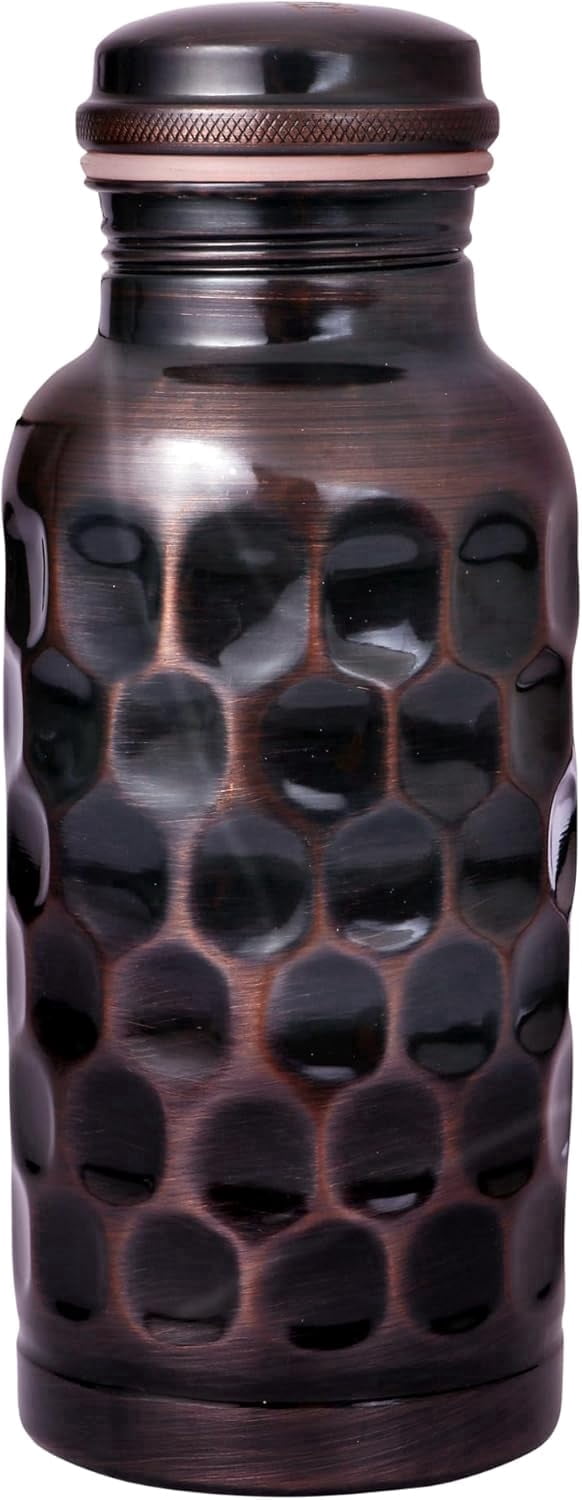 BUYERWELL Pure Copper Antique Diamond Hammered Water Bottle 17 Oz with Lid Leak Proof Ayurveda Recommendation,Copper Vessel Drink More Water Bottle Small Vintage Look