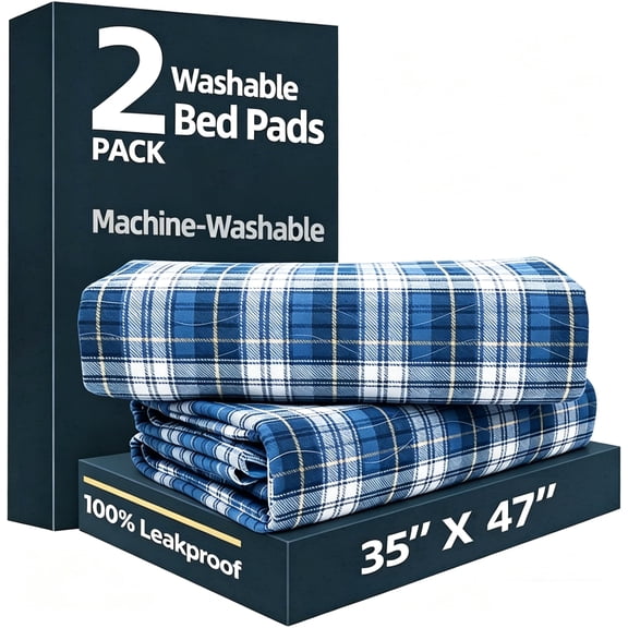 BUYHAO Washable Bed Pads for Incontinence 35"x47" (2 Pack) – Reusable Heavy Absorbency Underpads, Waterproof Protection for Elderly & Pets (Blue)