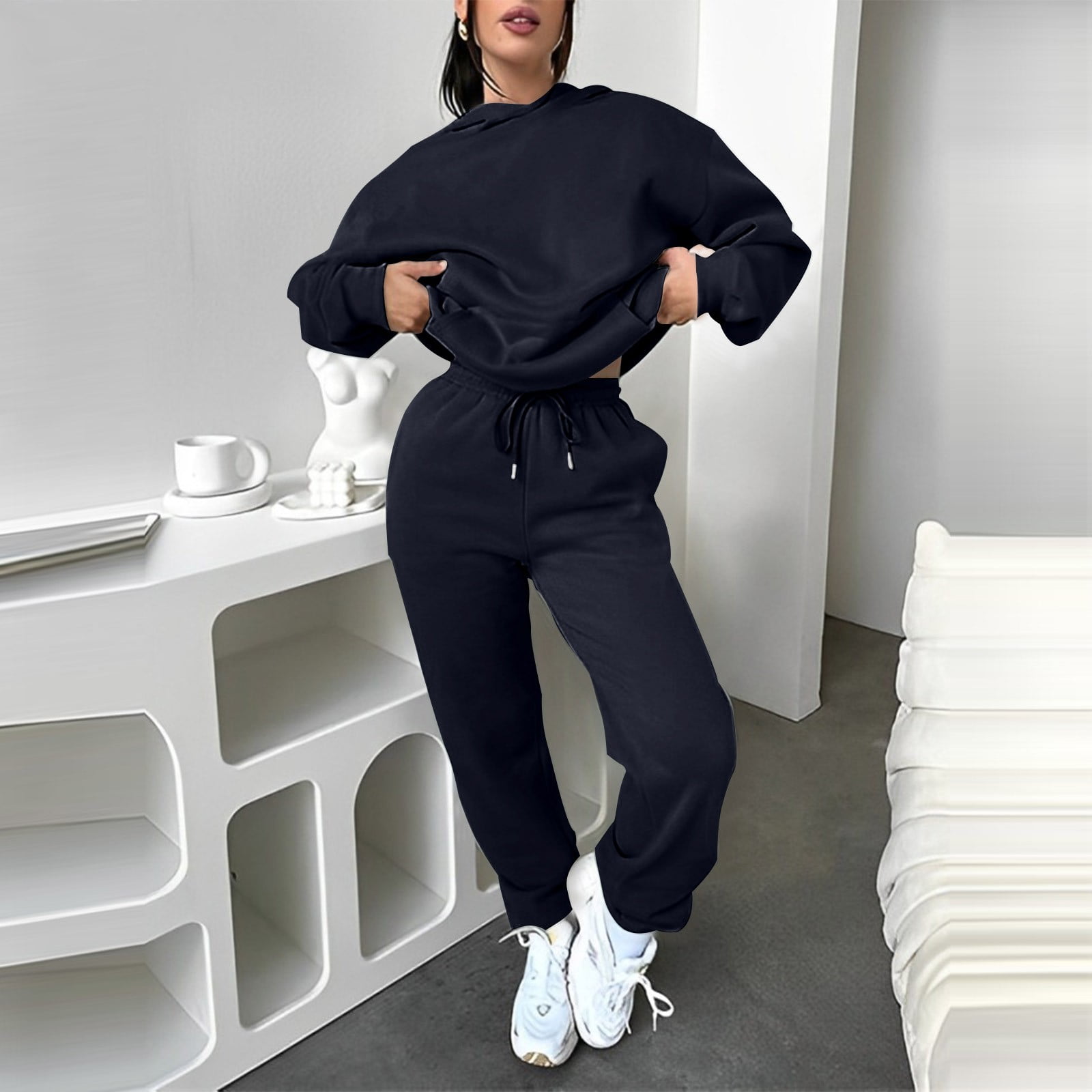 BUYHO Womens 2 Piece Hoodies Outfits Casual Hoodie and Sweatpants Outfit Cosplay Hooded Pullover Sweatsuits Jogger Sets for Unisex Navy L Walmart