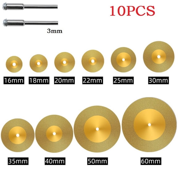 BUYISI 10pcs Mini Diamond Cutting Disc TiN Coated Circular Saw Blade 3mm Shank Mandrel Cutting Stone For Rotary Tools Accessories