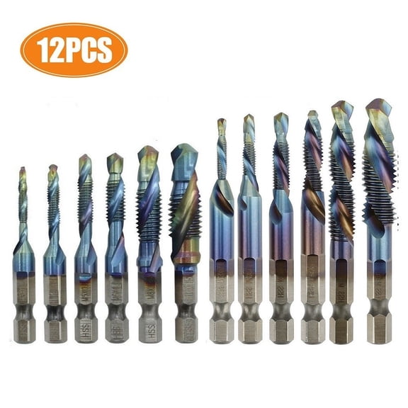 BUYISI 12pcs M3-M10 Composite 1/4 Hex Shank Tap Drill Bits Set HSS Metric Blue Right Hand Thread Tap&cone Dril For Metal Steel Wood