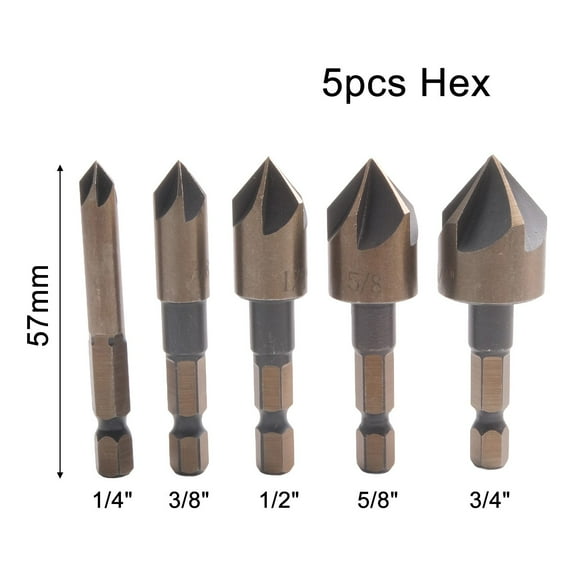 BUYISI 5PCS M35 Cobalt Countersink Drill Bit Set 82 Degree 5 Flute Hex Shank Metal Precision Grinding 82°tip For Most Metal Steel Hexagonal