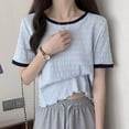thumbnail image 1 of BUYISI Basic Simple Women Short sleeve T-shirt Fashion Ruffled Cropped top Blue M, 1 of 8