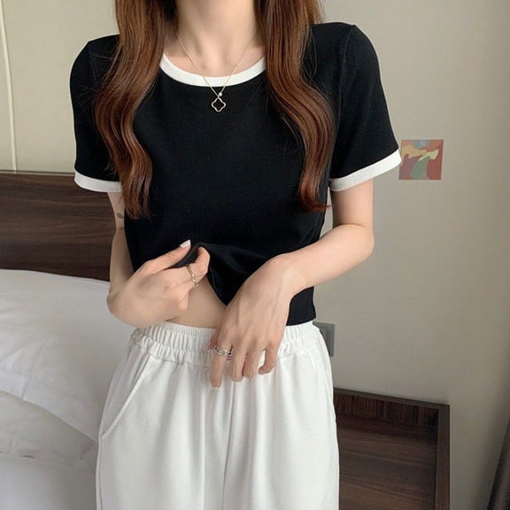 BUYISI Basic Simple Womens Contrast color Short sleeves T-shirt School uniform Tops Black 2XL