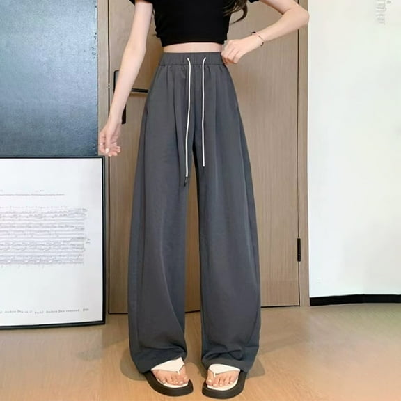 BUYISI Basic Simple Womens High waist Drape Casual pants Fashion Sport Wide leg pants Dark grey L