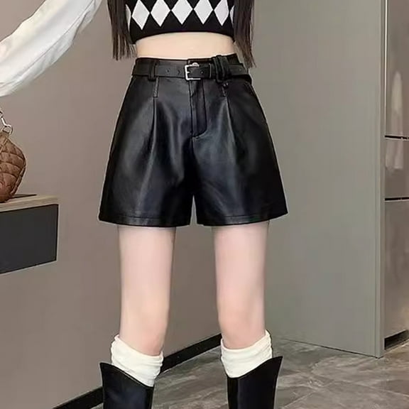 BUYISI Basic Simple Womens High waist Shorts Leather Casual Loose shorts Black M