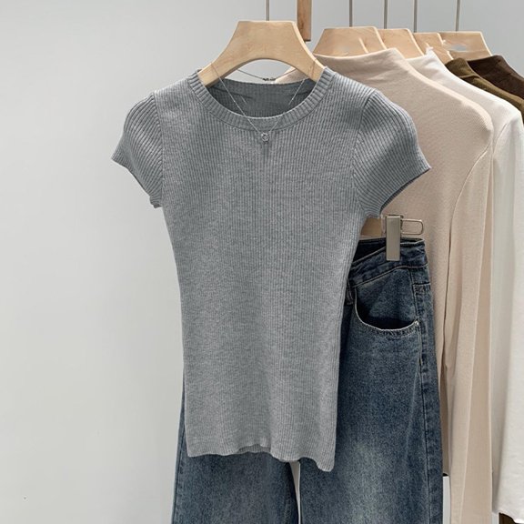 BUYISI Basic Simple Womens Knitted Short-sleeved T-shirt Versatile Slim-fitting top Grey M