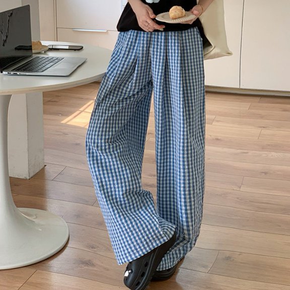 BUYISI Basic Simple Womens Plaid Wide-leg High-rise Casual Straight Trousers Blue L