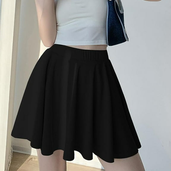 BUYISI Basic Simple Womens Pleated Skirt High waist Fashion Versatile A-line skirt Black S