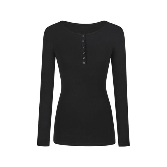 BUYISI Basic Simple Womens Round neck Long sleeves T-shirt Slim fit Base shirt Top Black S