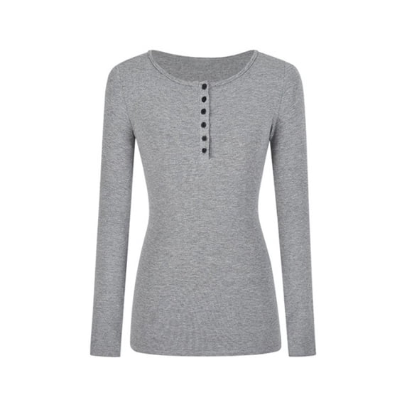 BUYISI Basic Simple Womens Round neck Long sleeves T-shirt Slim fit Base shirt Top Grey XL
