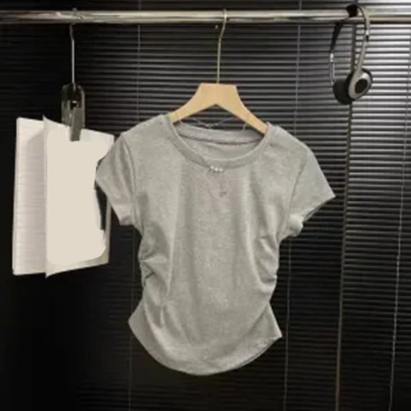 BUYISI Basic Simple Womens Waist Short sleeves T-shirt Fashion Slim fit top Light grey XL
