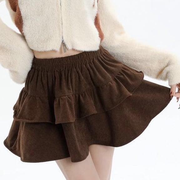 BUYISI Corduroy Elastic High Waist A-line Pleated Anti-exposure Fluffy Cake Skirt Brown L