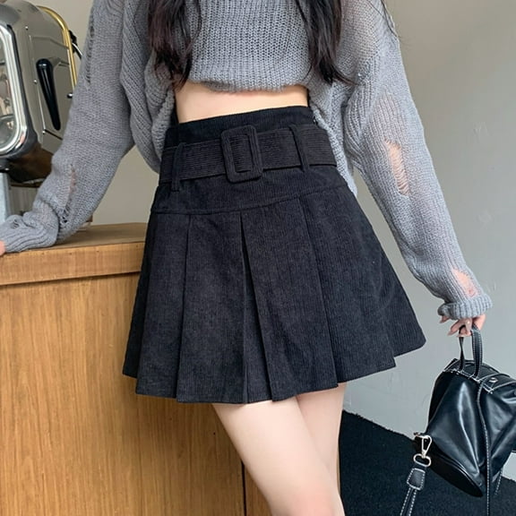 BUYISI Corduroy High Waist Preppy Pleated Skirt Black L