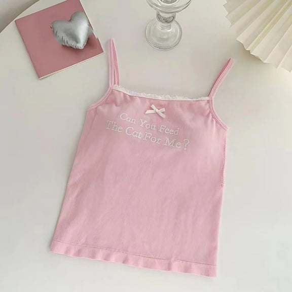 BUYISI Cropped Girls Summer Letter Printed Cotton Camisole With Chest Pads Streetwear Pink