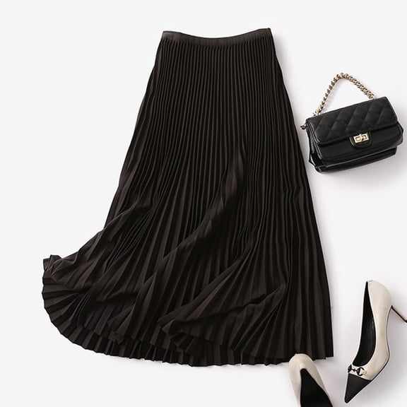 BUYISI Drapey High Waist Pleated Skirt Autumn Slim Skirt Women Solid Casual Aline Skirt Black XL