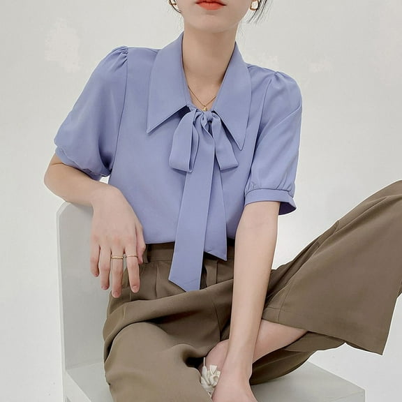 BUYISI Elegant Lantern Sleeve Bow Shirt White Collar Womens Short Sleeve Lace-Up Top Blue XL