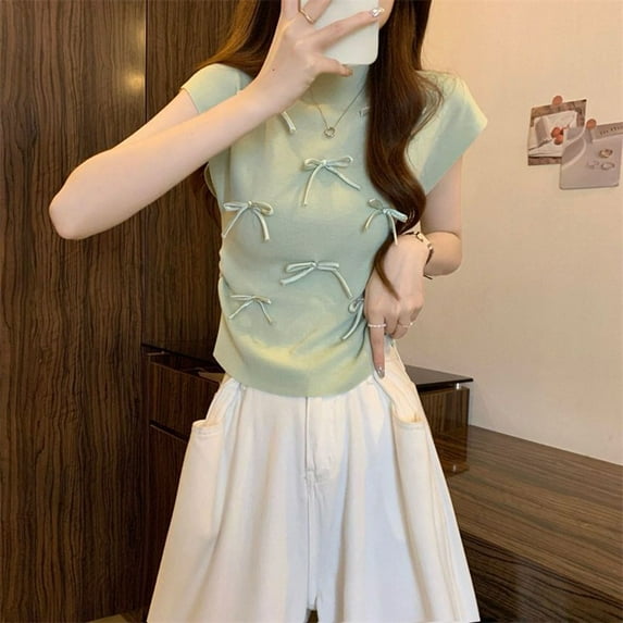 BUYISI Everyday Wear Womens Bow Design Short Sleeve T Shirt in Fashion Colors Green